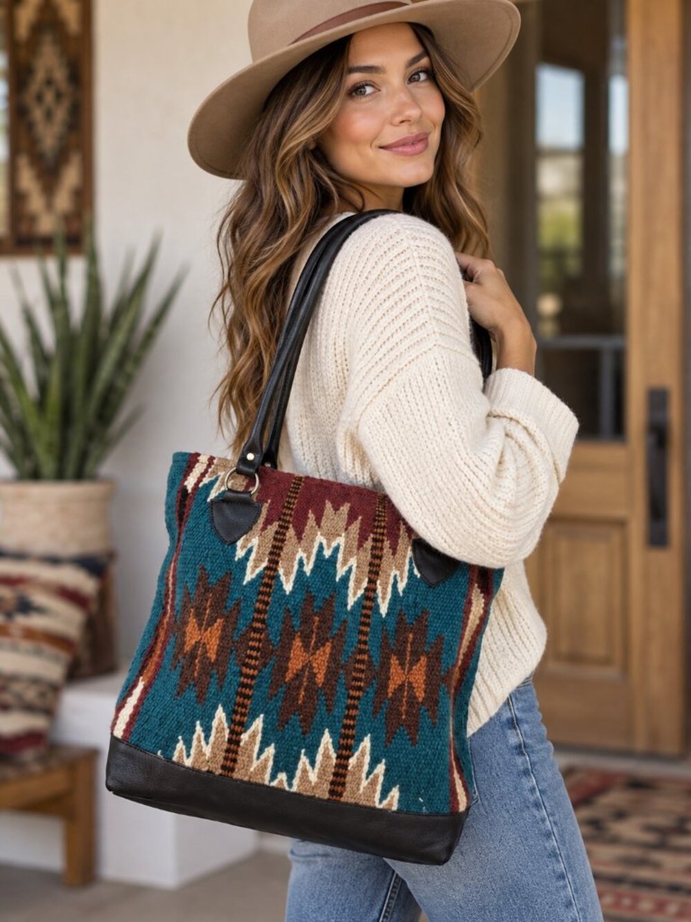 Artisan Zapotec Woven Wool Tote Bag Teal Southwest Geometric Leather XL NEW